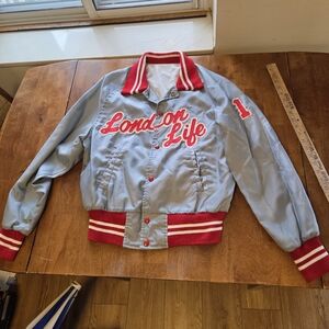 Vintage 80s London Life Satin Varsity Bomber BASEBALL Jacket - Silver/Red - Men'